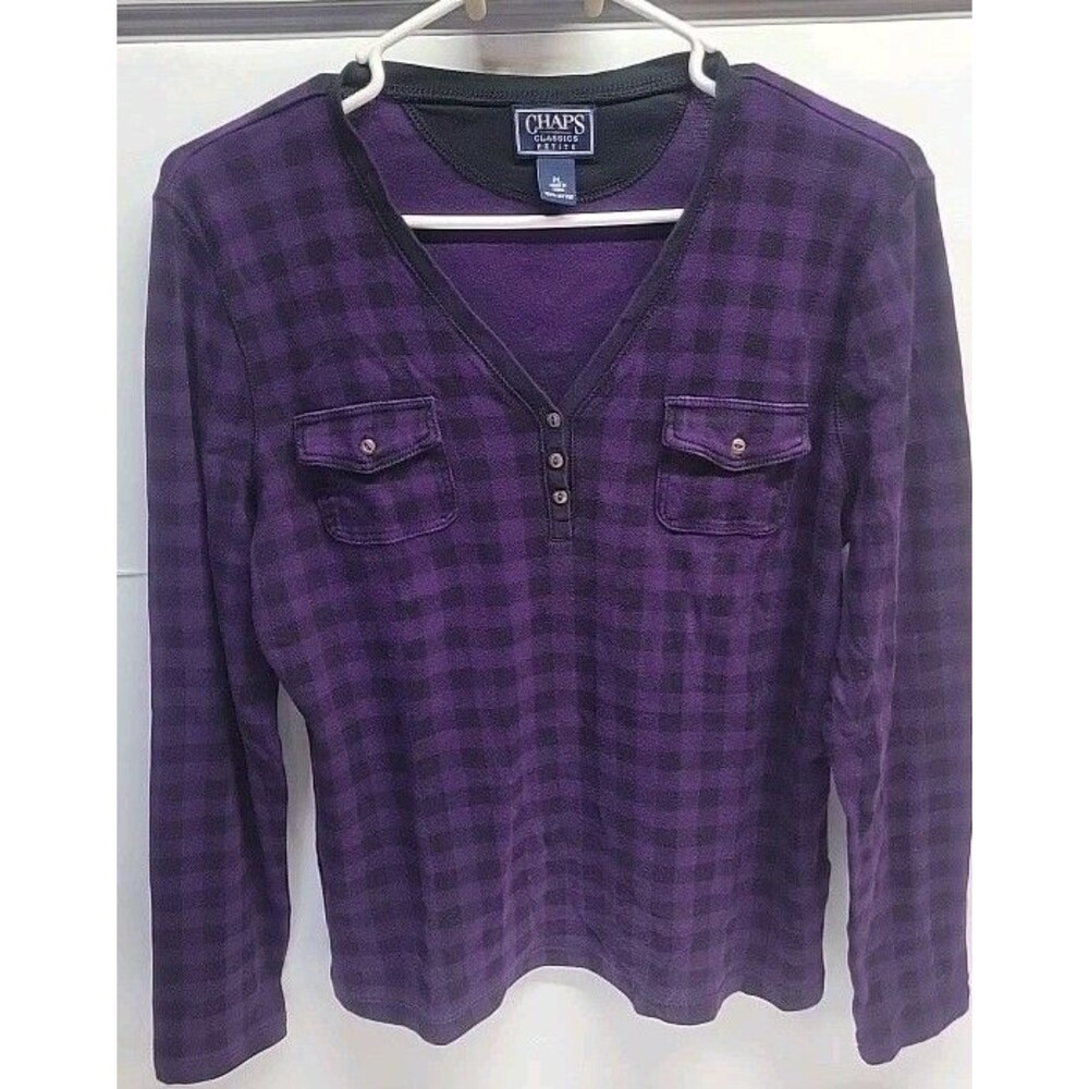 Chaps‎ V-neck Hensley Purple Plaid Pullover Shirt top Long Sleeve Sz PL
